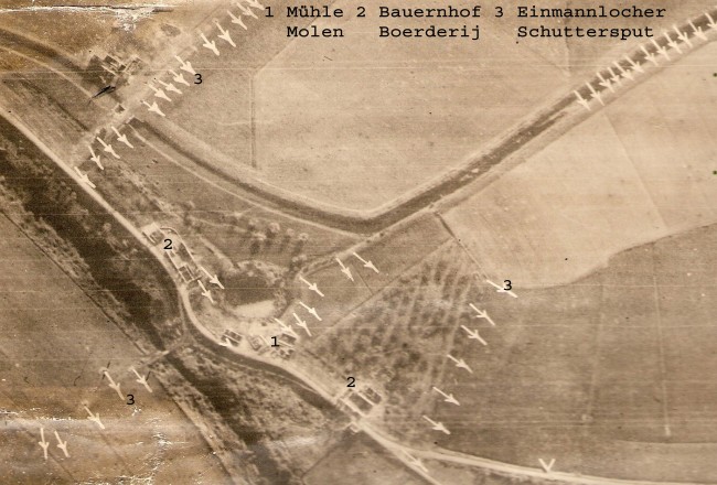 Alte Luftaufnahme von einem Feld, mit eingezeichneten Standorten der Einmannlöcher, Mühle und dem Bauernhof.