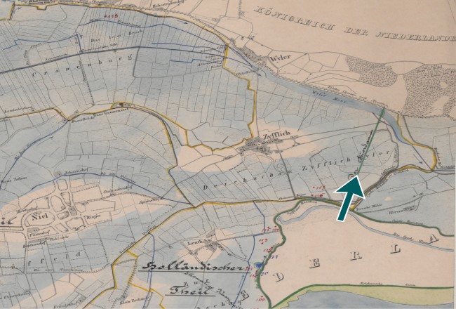 Karte von Zyfflich mit eingezeichneten Querdamm.